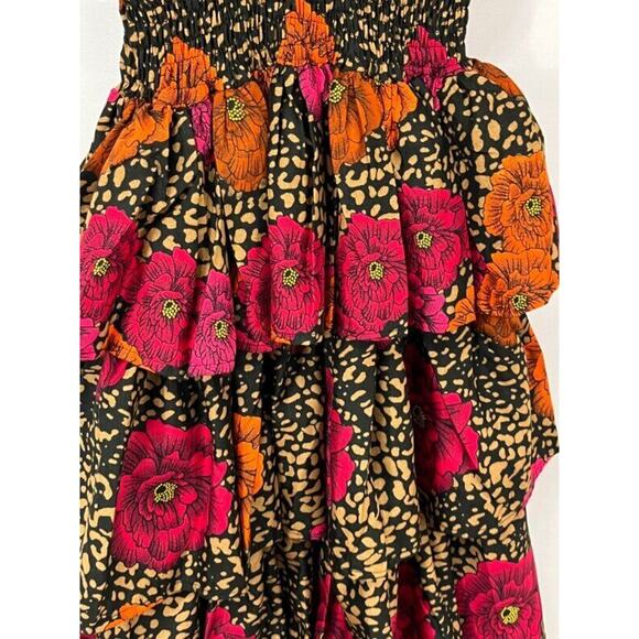 ELISAMAMA Sz S Small One Midi Dress Fuchsia Orange Black Floral Tiered Ruffle - Picture 5 of 11